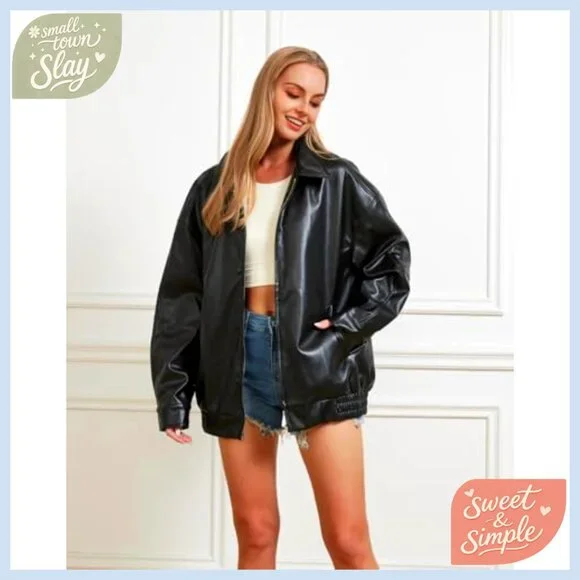 Oversized Faux Leather Motorcycle Jacket Women's Winter Bomber Coat